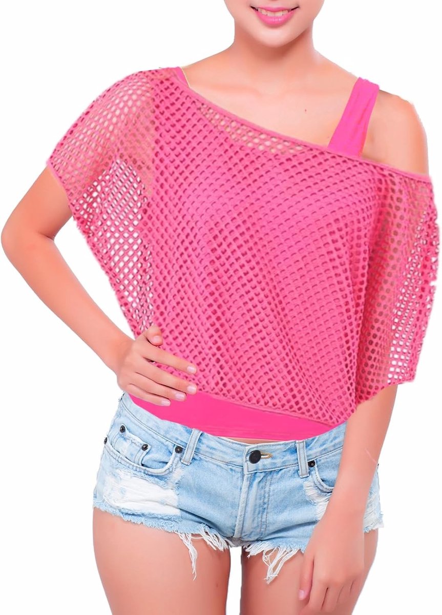 Vrouwelijk neon net shirt en tanktop voor 80s en 90s themafeest, carnavalsoutfit en aerobics kostuum met accessoires