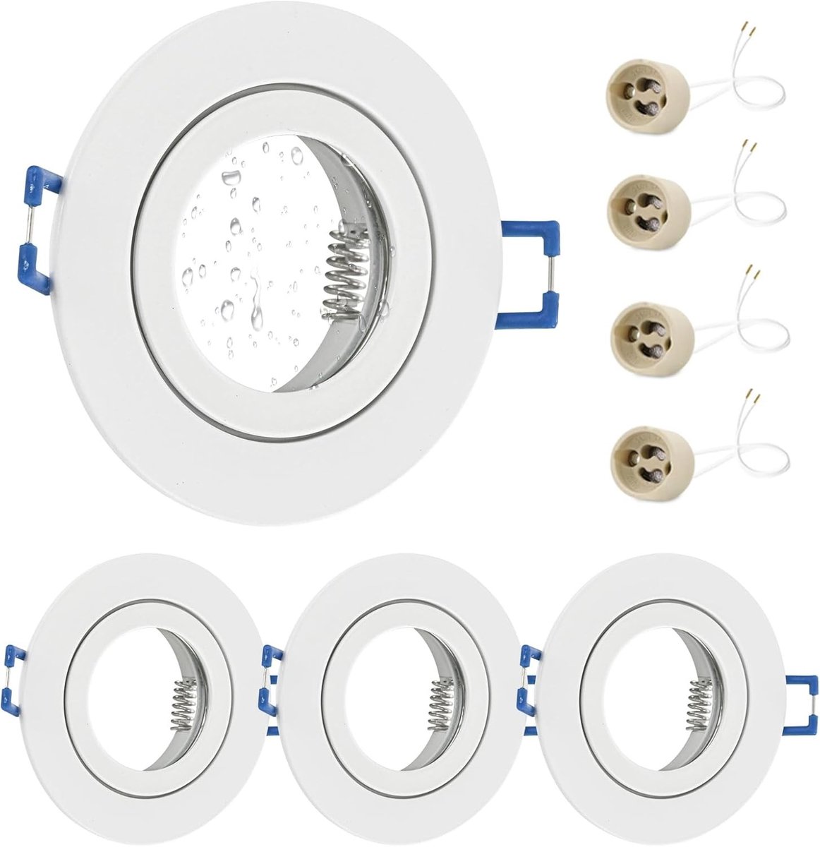 4 LED inbouwspots 230 V IP44 met GU10 fitting, aluminium plafondspots, wit, rond en plat, geschikt voor badkamer en buitengebruik, 68 mm
