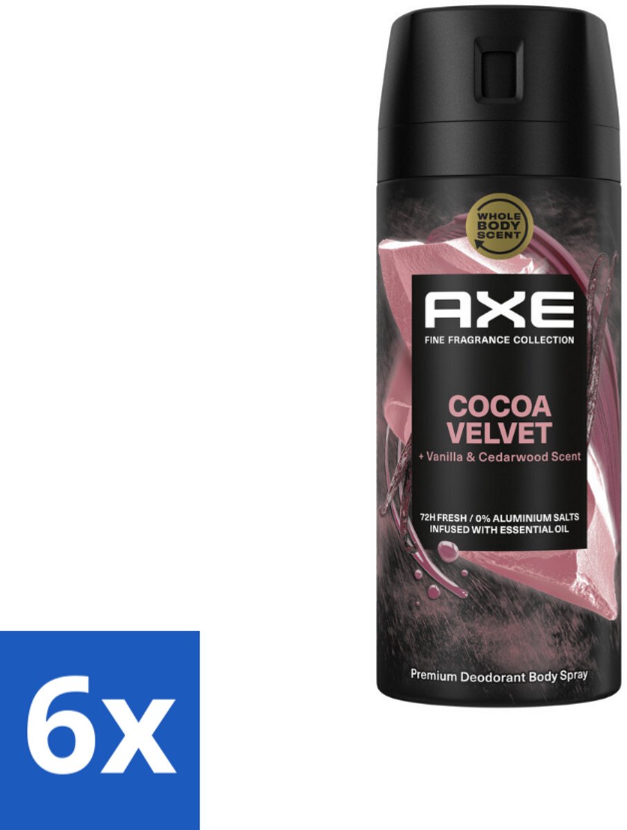 6 x Axe – Deodorant – Cocoa Velvet – 150 ml - Cocoa Velvet - Deodorant Bodyspray - Frisheid - Lichaamsgeur - Parfum