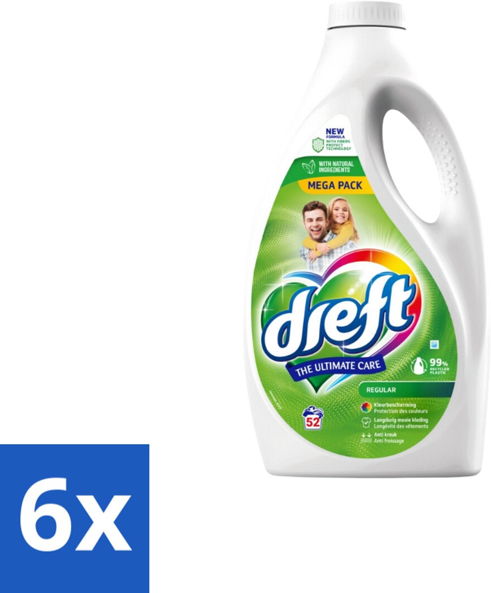 6 x Dreft – Regular – Vloeibaar Wasmiddel – 2,34 liter – 52 wasbeurten - Wasmiddel - Geconcentreerd Wasmiddel - Vloeibaar Wasmiddel - Kleding Reinigen - Kleur Beschermen