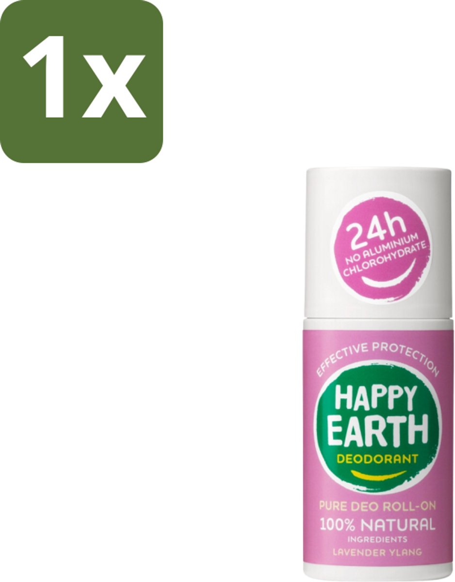 1 x Happy Earth – Deodorant Roll-On – 100% Natuurlijk Lavender Ylang – 75 ml - Natuurlijke Deodorant - Lavendel Ylang - Roll-on Deodorant - Geur - Gevoelige Huid