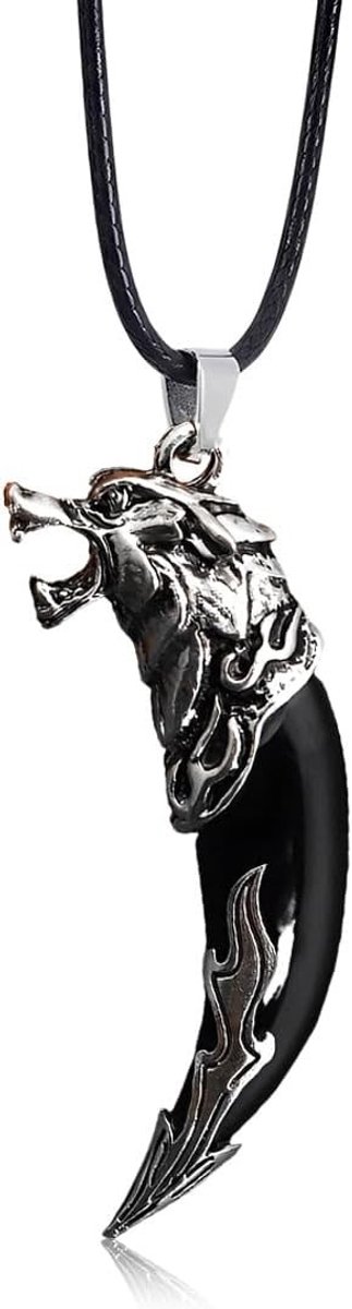 Authentieke Viking halsketting van roestvrij staal voor mannen - Middeleeuwse sieraden voor kostuums en dagelijks gebruik, zwart ontwerp met wolfskies thema