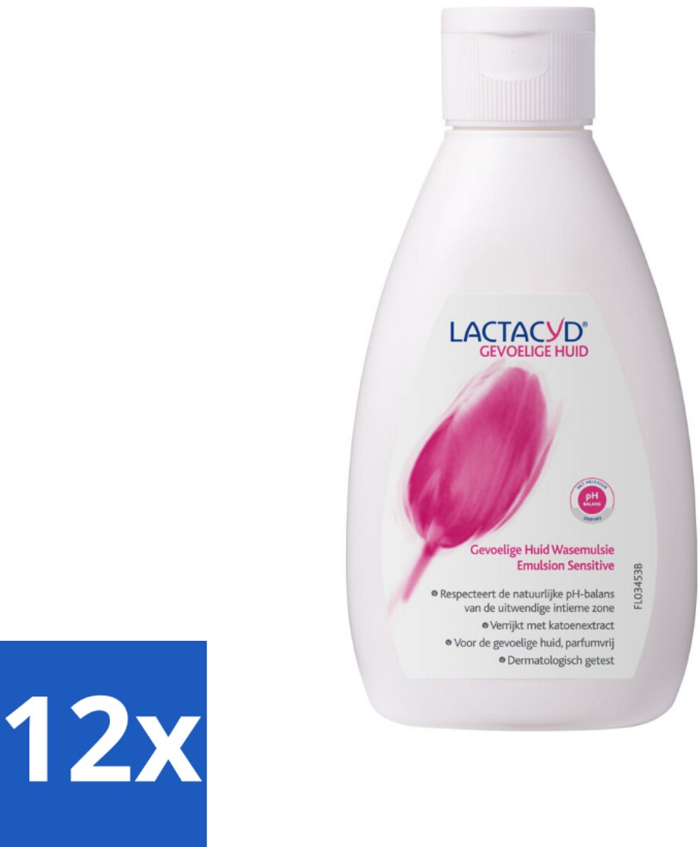 12 x Lactacyd – Sensitive – Extra Mild – 200 ml - Gevoelige Huid - Wasemulsie - Intieme Verzorging - Melkzuur - Katoenextract