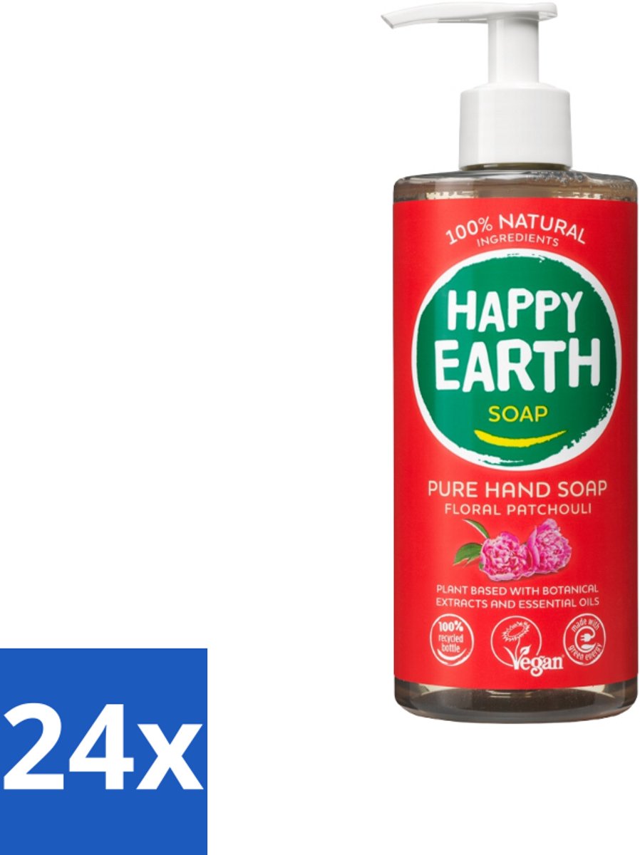 24 x Happy Earth – Handzeep – 100% Natuurlijk Floral Patchouli – 300 ml - Natuurlijke Handzeep - Vegan Handzeep - Handzeep Met Patchouli - Bloemige Handzeep - Huidvriendelijke Handzeep