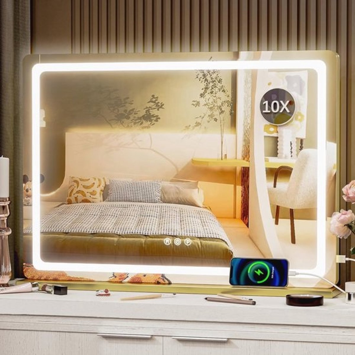 Grote LED Make-upspiegel met USB-oplaadpoort en Dimbare Verlichting