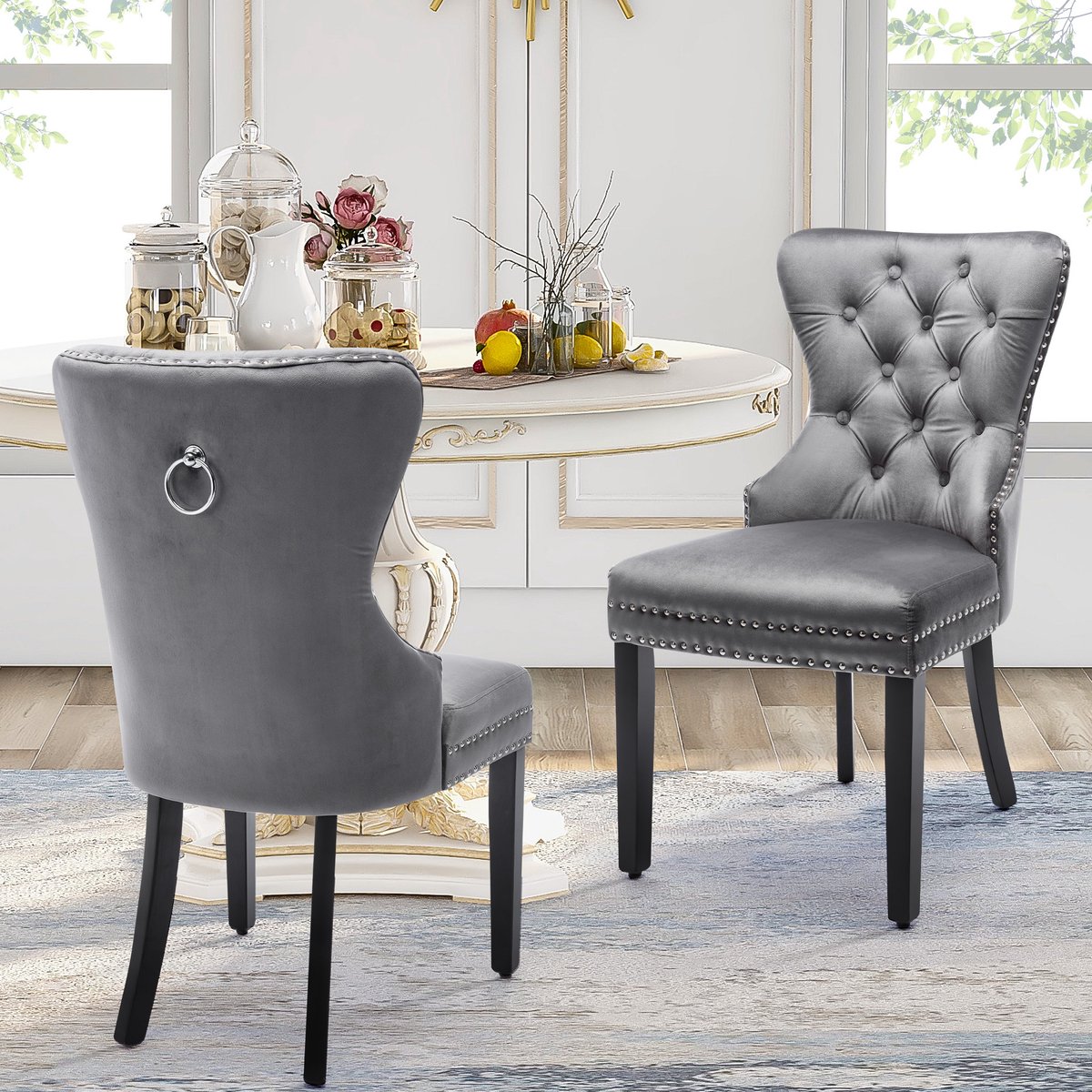 MIVRAY Eetkamerstoel 4er Set Grijs - Gestoffeerde Fluwelen Eetkamerstoelen Met Knopen En Nagelkopbeslag - Voor Eetkamer En Woonkamer - Hout Grijs