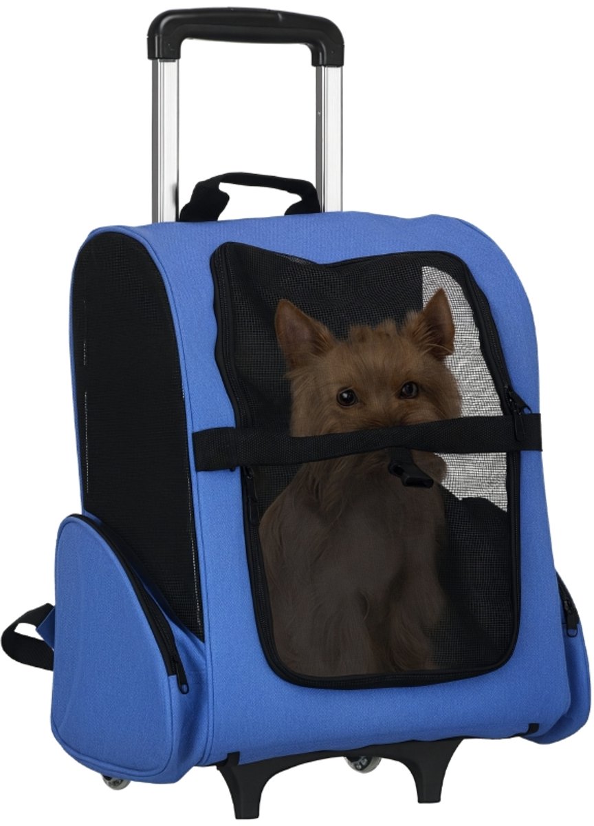 2-in-1 rolbare hondendraagtas met trolley en telescopische handgreep, opbergtassen, 42 x 25 x 55 cm, blauw