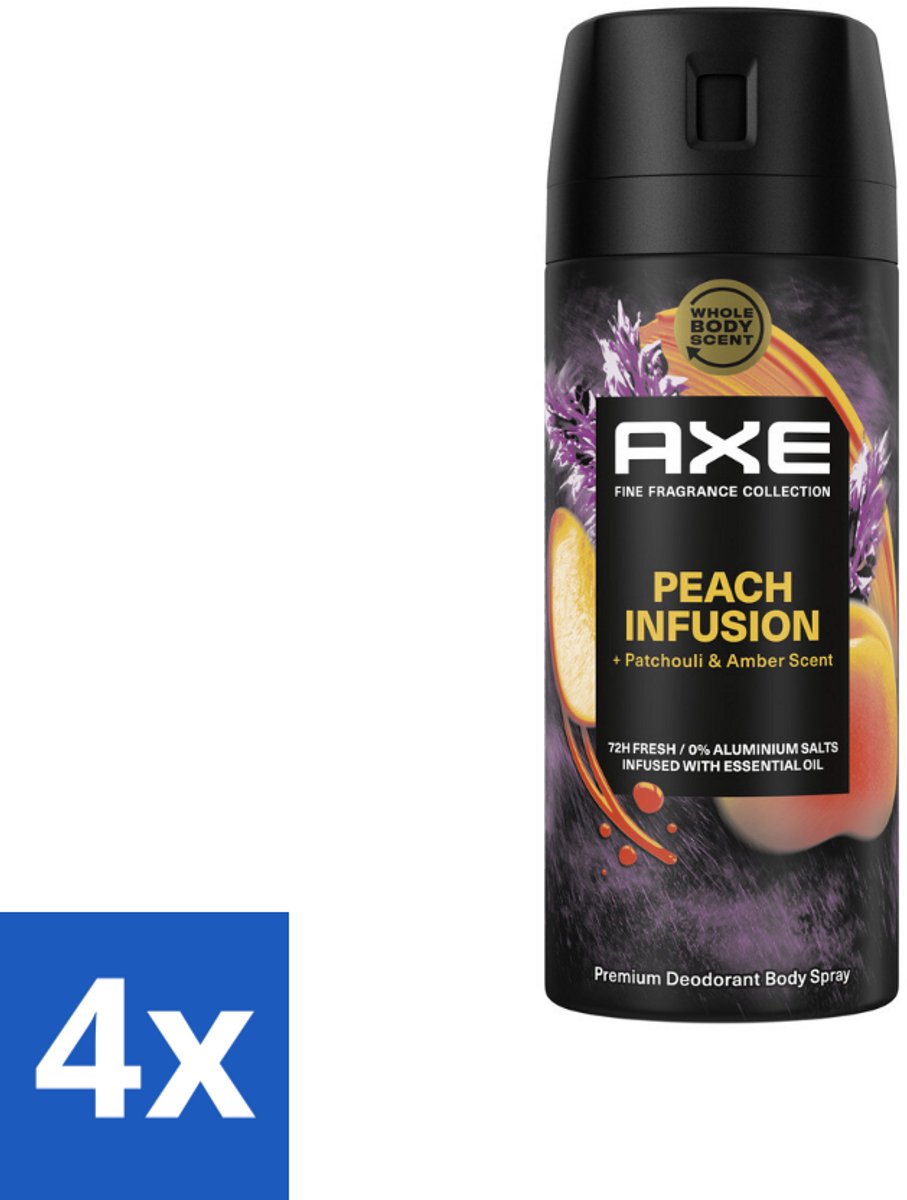 4 x Axe – Deodorant – Peach Infusion – 150 ml - Axe Deodorant - Bodyspray - Geur - Lichaamsgeur - Patchoeli
