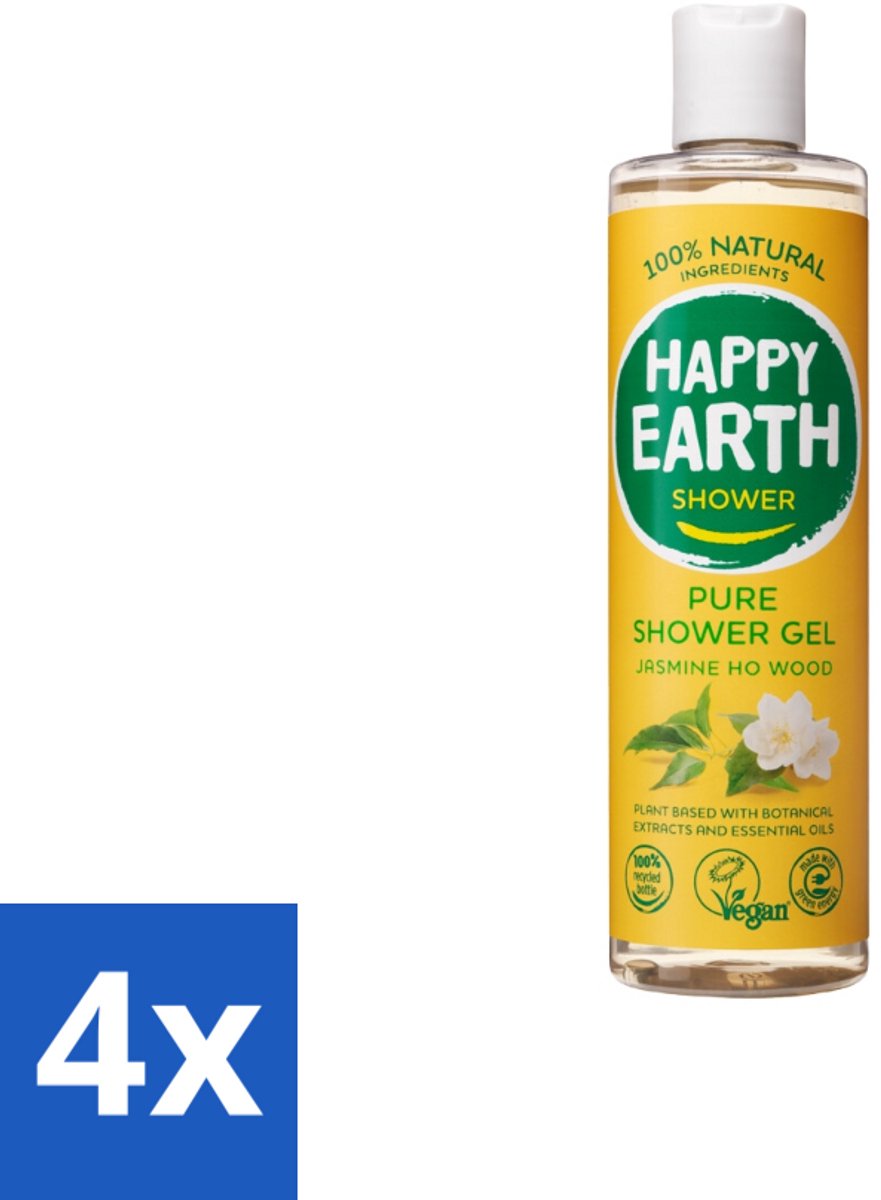 4 x Happy Earth – Douchegel – 100% Natuurlijk Jasmine Ho Wood – 300 ml - Natuurlijke Douchegel - Jasmijn En Ho Wood - Vegan Douchegel - Huidverzorging - Biologisch Afbreekbaar