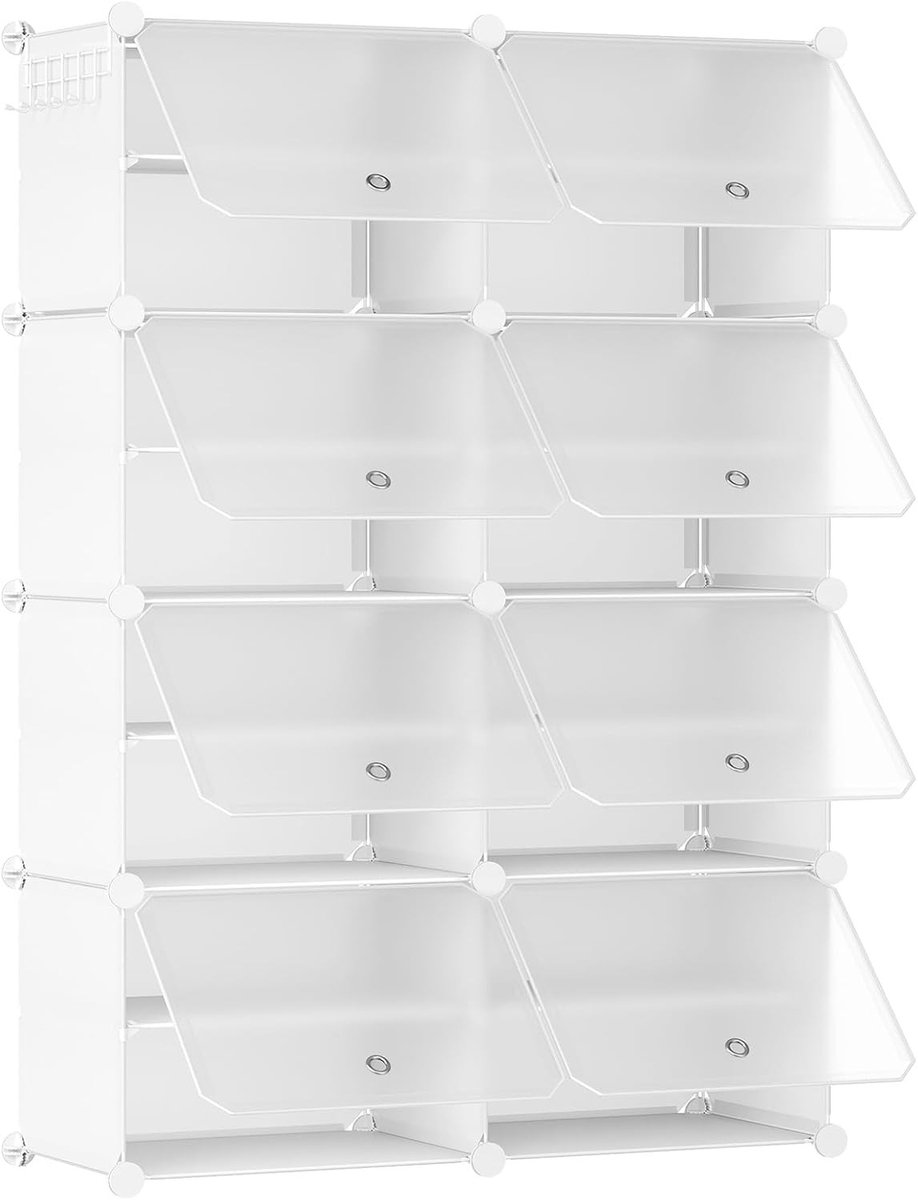 Schoenrek met 8 Compartimenten voor 32 Paar Schoenen, Smal en Met Deuren, Ideaal voor Woonkamer, Slaapkamer en Hal, Wit en Transparant