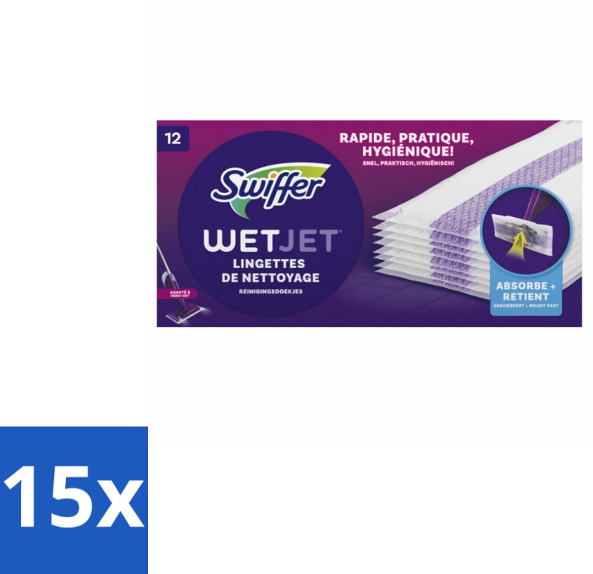 15 x Swiffer - WetJet – Reinigingsdoekjes – Navullingen – 12 doekjes - Absorberende Navuldoekjes - Vloer Reinigen - Spraymop Doekjes - Vuil Opnemen - Vet Opnemen
