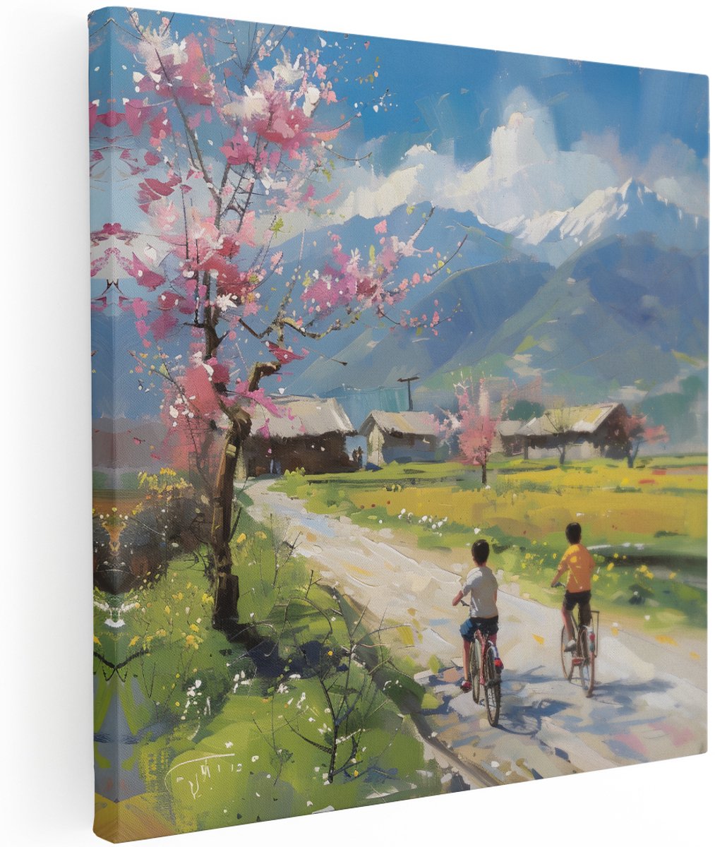 Artaza Canvas Schilderij Landschap - 100x100 cm - Groot - Wanddecoratie Bergen - Muurdecoratie Bloesem Boom - Schilderijen Op Canvas Natuur