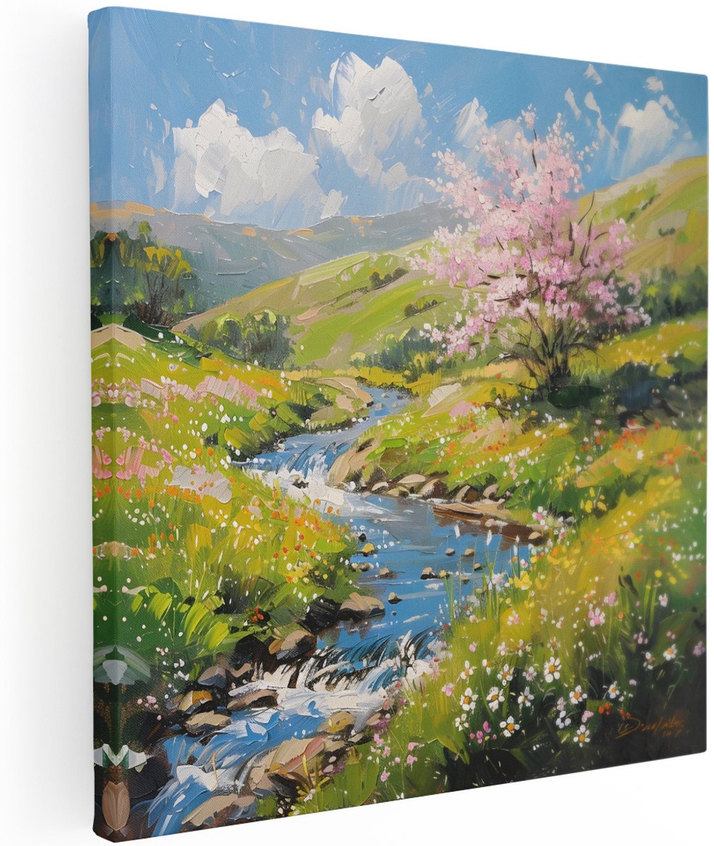 Artaza Canvas Schilderij Lentelandschap - 100x100 cm - Groot - Wanddecoratie Bloeiende Kersenboom - Muurdecoratie Natuur - Schilderijen Bloemen
