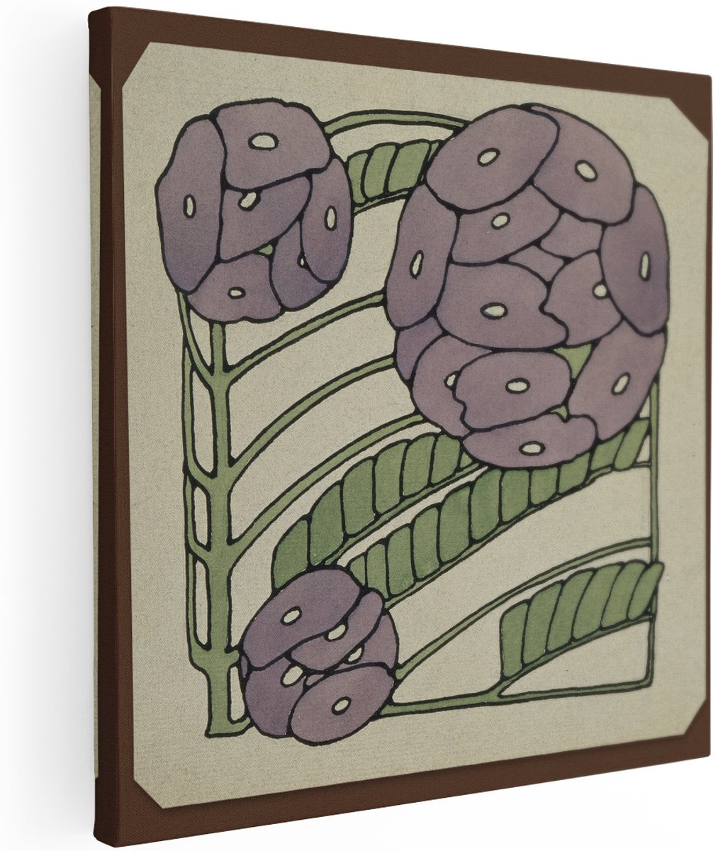 Artaza Canvas Schilderij Art Nouveau Bloemen - 100x100 cm - Groot - Wanddecoratie Vintage - Muurdecoratie Paarse Bloesems - Decoratie Woonkamer