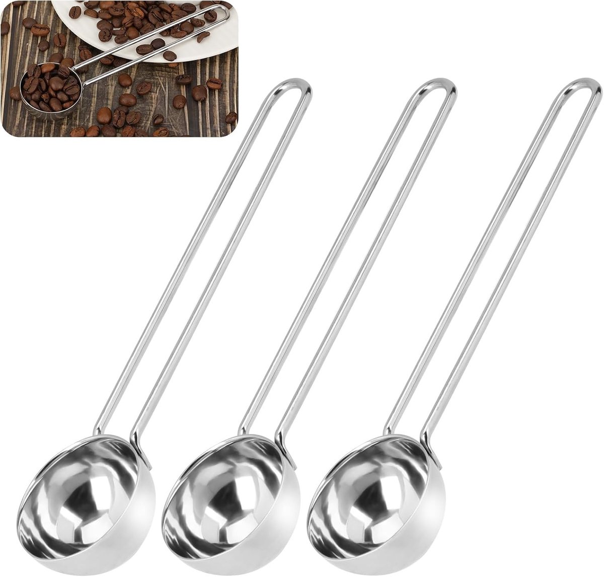 Set van 3 RVS Koffielepels met Lange Handgreep - Herbruikbare Maatlepels voor Koffie en Thee - Perfecte Portioneer voor Nauwkeurige Dosering
