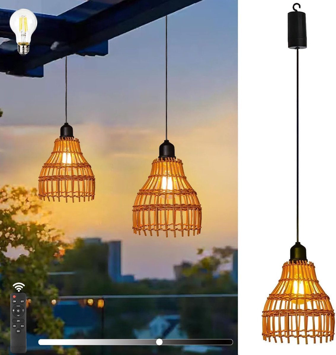 KZQ Rattan Hanglamp — Snoerloos, werkt op batterijen, inclusief afstandsbediening, dimbaar en met timerfunctie — Geschikt voor binnen en buiten (tuin, balkon, woonkamer) — IP44-classificatie, vintage design — 1 stuk