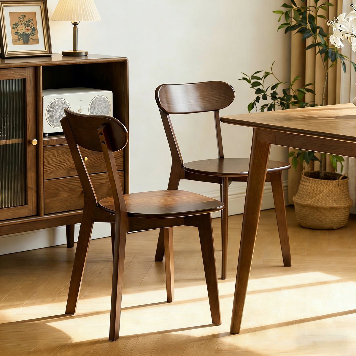 VVBV Set van 2 Eetkamerstoelen - Gebogen Rugleuning, Ergonomisch, Antislip Voeten - Walnoot, Massief Hout