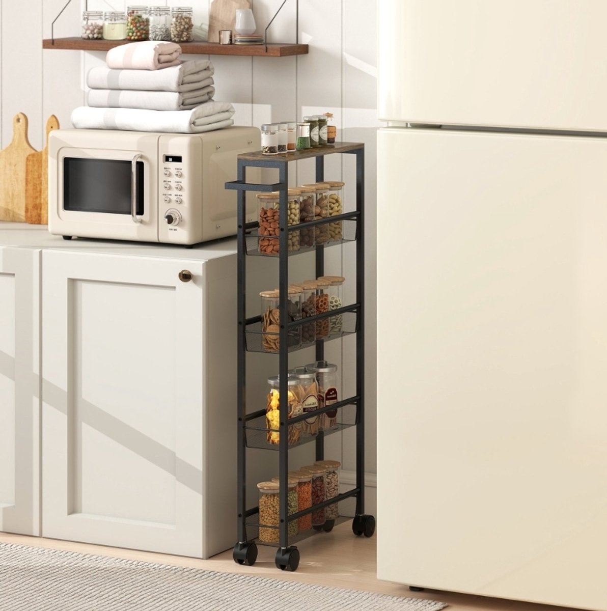 MIVRAY Keukenwagen – Smal 5-Lagen Opbergdesign Met Wielen En Greep – 47 x 13 x 96,5 cm – Metaal En Hout – Zwart – Voor Keuken En Badkamer