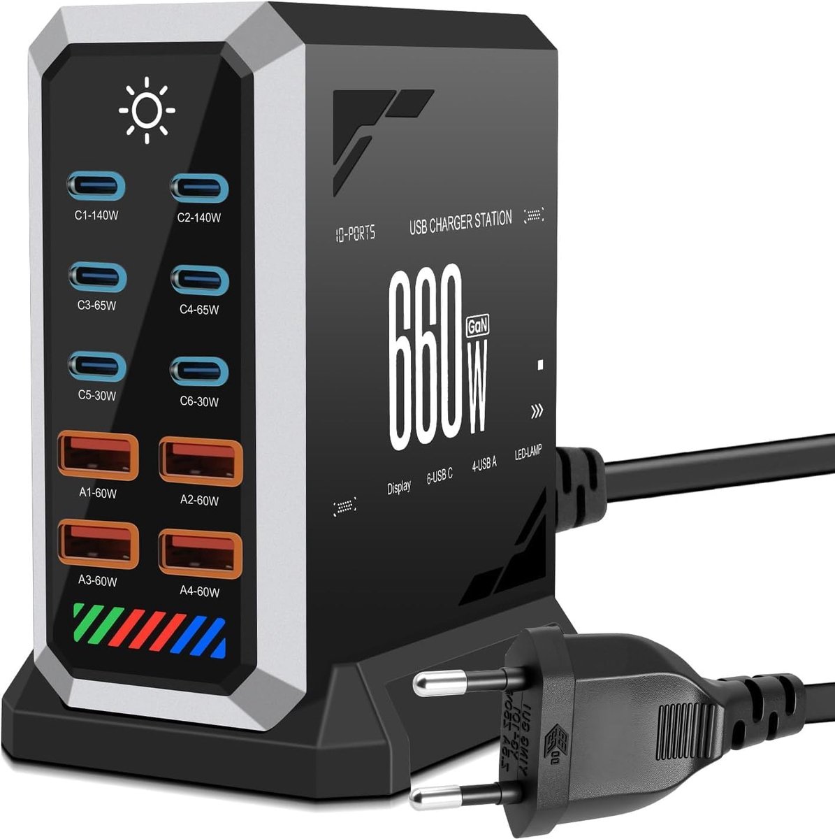 Gan Power USB-C-oplader, 660 W, meervoudig, 10 poorten, snellader, met 6 USB C + 4 USB A-poorten voor MacBook Air, iPad, iPhone 17/16/15/14, Galaxy S22 S20