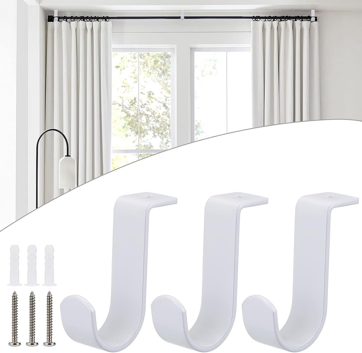 Gordijnroede Houder - Wit - 2,5 cm - Metalen Beugel - Voor Plafondmontage