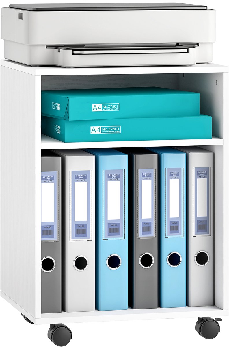 Printerkast - 2 open vakken - op wielen - 40 x 35 x 55.5 cm - printertafel - bureau kast - Wit