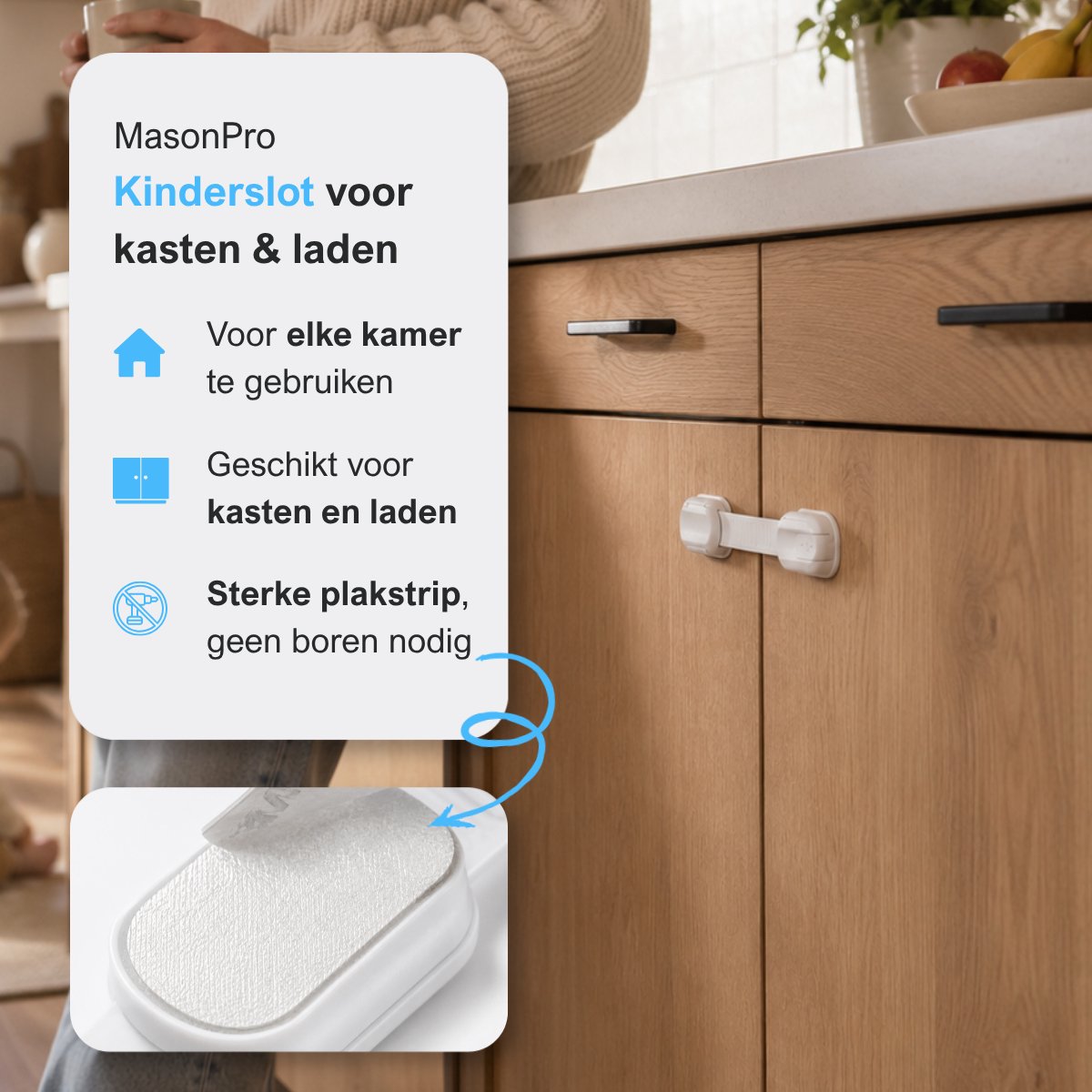 MasonPro Kinderslot Kastjes - Kastbeveiliging voor Kinderen - Kinderbeveiliging voor Kasten en Lades - Kinderslot Kast - Kinderveiligheid - Kastsloten Baby - Deurbeveiliging Kinderen - Zonder Boren & Schroeven - 8 Stuks - 3x18CM - Wit – foto 2