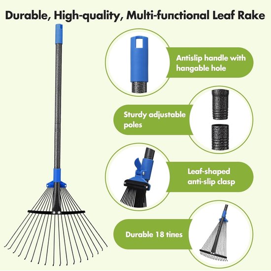 18-tands metalen hark met verstelbare kop, 25-45 cm, ergonomische greep, 170 cm voor moeiteloze bladverzameling en tuinresten opruimen — afbeelding 4