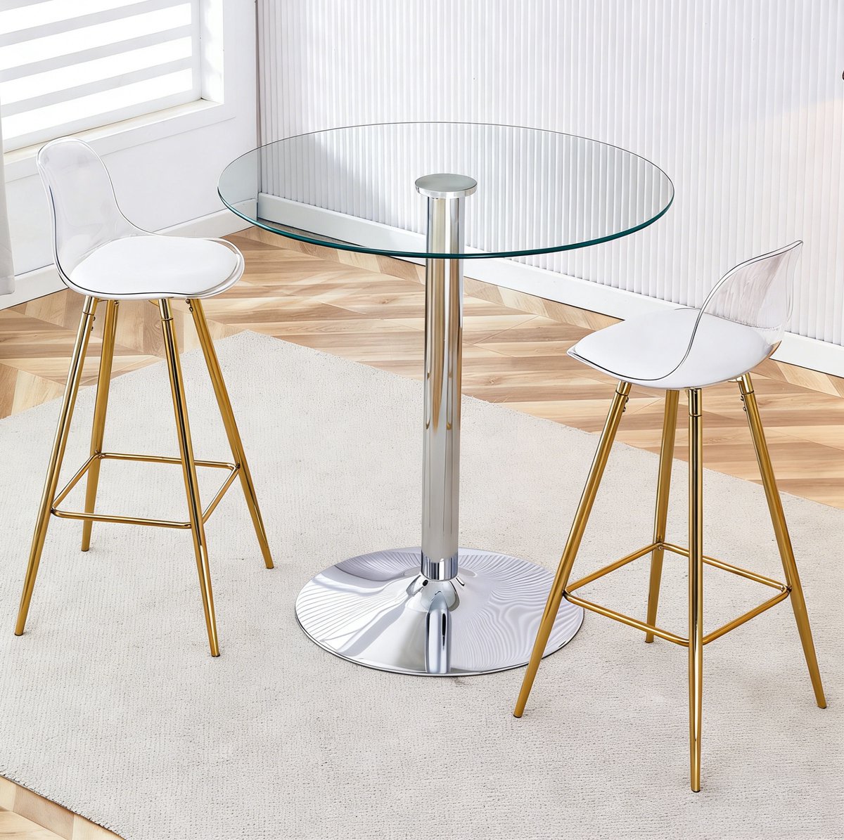 Wishdor Barset - Ronde glastafel - 2 barstoelen - Modern - Metaal en glas - Transparant - 89 x 89 x 92 cm