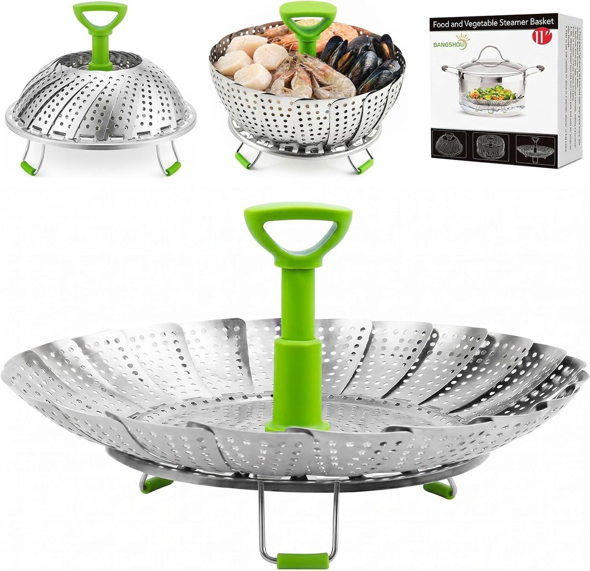 Vouwbare RVS Stoommand voor Groenten, Vis, Eieren en Dumplings - Verstelbare Stoominzet voor Pannen (18-28 cm) met Antikleef Eigenschappen en Eenvoudige Opslag