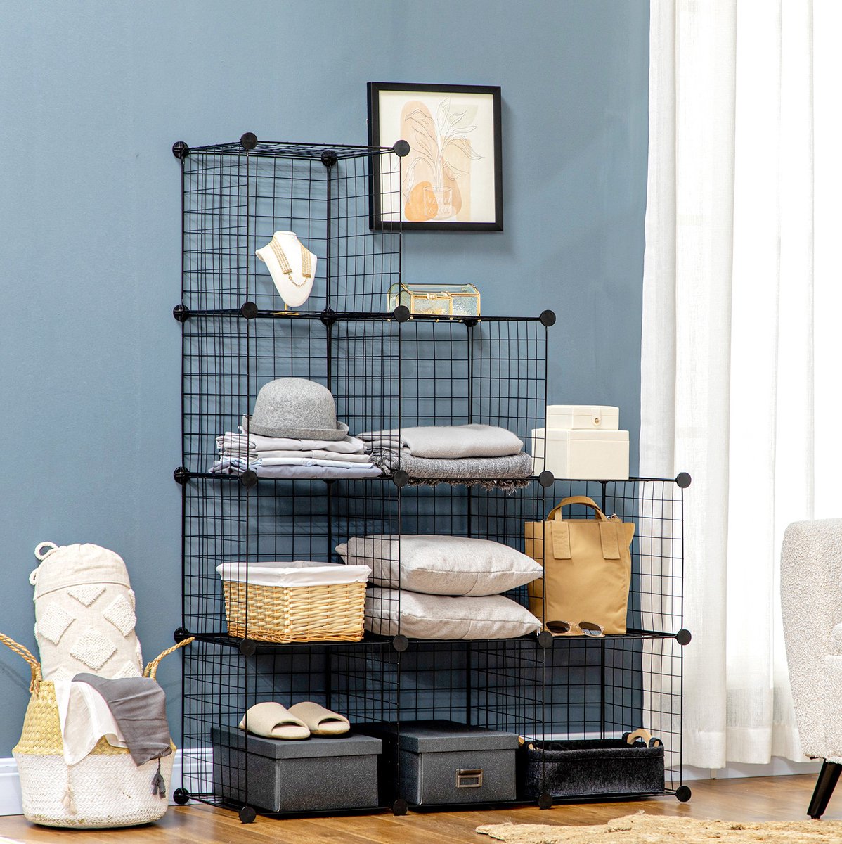 REDOM - Vakkenkast - Modulair open kast met 9 vakken - Stalen draadconstructie - ABS-verbindingen - Modern - Woonkamer of kantoor - Metaal - Zwart - 105 x 35 x 105 cm