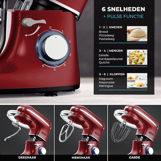Keukenmachine - Keukenrobot Mixer - Deeg Kneden - 2000W Motor - 6.2L Kom - Rood — afbeelding 5