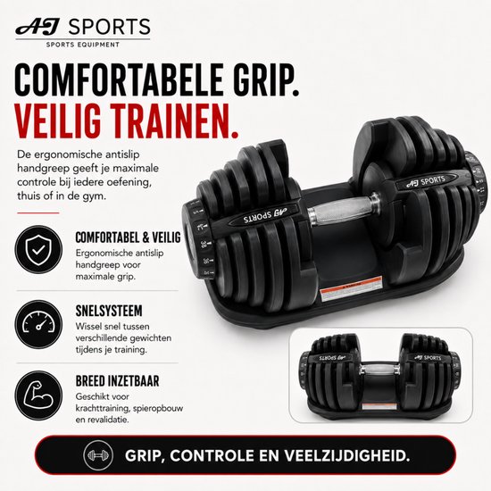 Zwarte verstelbare dumbbell met "AJ SPORTS" logo, op een zwarte standaard. Tekst: "Comfortabele grip. Veilig trainen."
