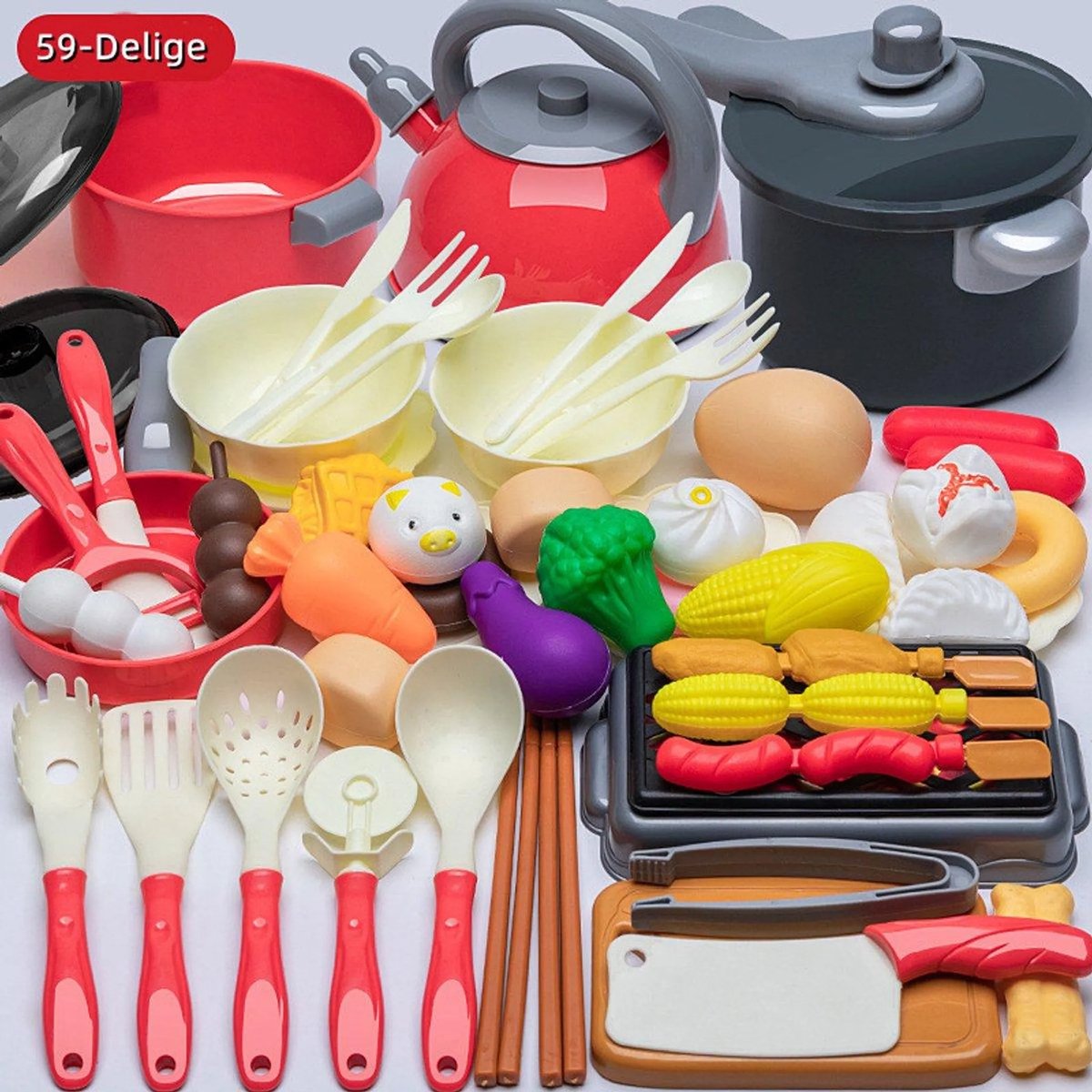 casalora - 59-delige set speelgoedaccessoires voor kinderen - speelkeuken met BBQ-kookset - Met potten en pannen, kookgerei, speelgoedgroenten etc - voor meisjes en jongens - Rood