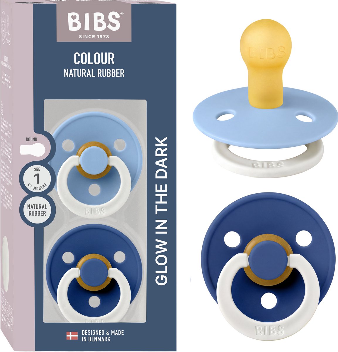 BIBS Colour Glow Fopspeen - 0-6 mnd - 2-pack - Rond - Sky Blue/Cornflower