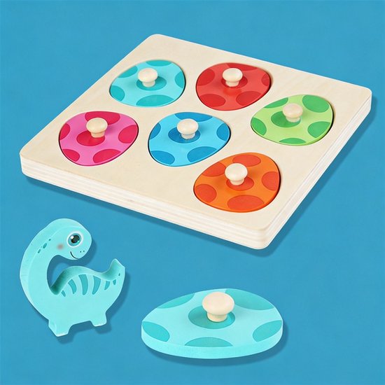 Montessori Knoppuzzel - Houten Puzzel Kinderen - 6 Vrolijke Kleuren - Puzzelstukken met Knop - Kleuren, Vormen en Dieren Leren - Oefent Fijne Motoriek - Voor Peuters van 12-36 Maanden van AKKEE — afbeelding 3