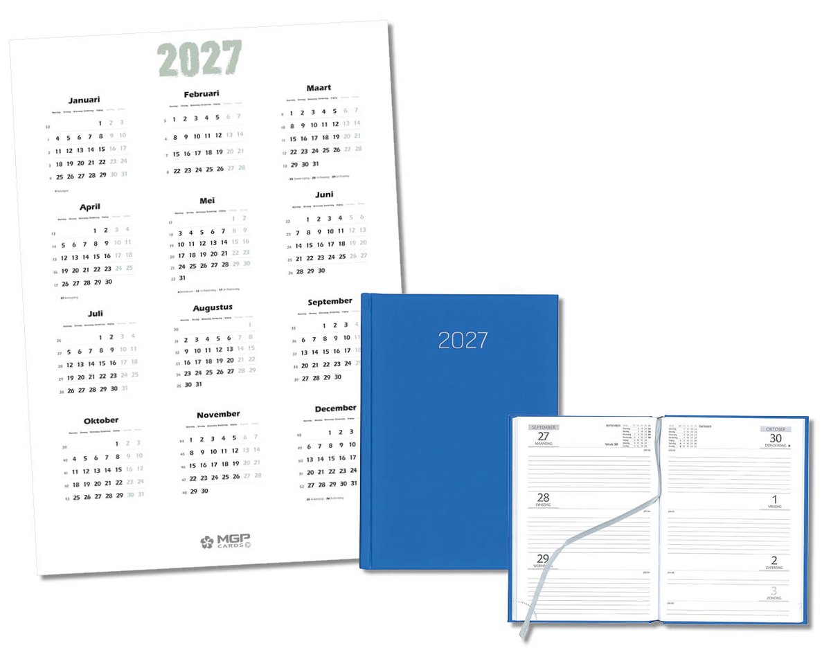MGPcards - Bureau Week-agenda 2027 - H72 - A5 - 1 week 2 pagina's - Nederlandstalig - Gewatteerde omslag - 14.8 x 21 cm - Mat Blauw + Jaar kalender - Kalender 2027 - Wandplanner - Jaarplanner - Grote planner - A2 formaat - Poster - 42 x 59,4 cm
