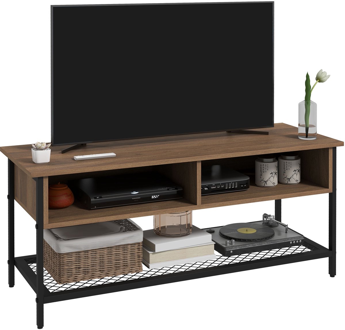 ECTEATOY® TV meubel industrieel - tot 48 inch - TV-kast met open vakken - Metaal en Hout - 110x40x48 cm - Rustiek Bruin