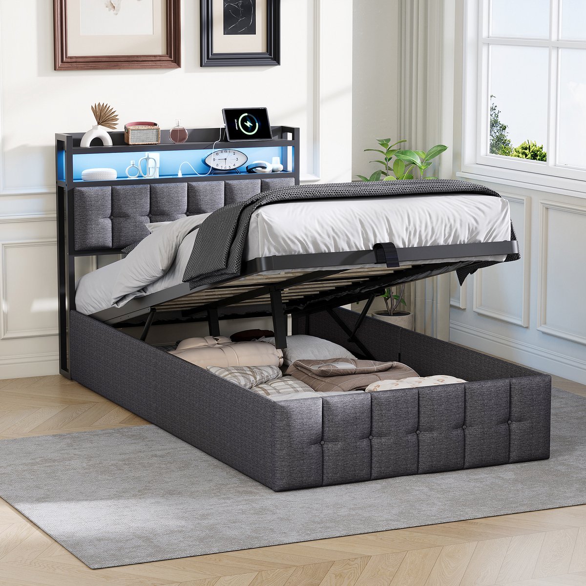 Kinderbed 90x200 cm, eenpersoonsbed met LED en opbergruimte, gestoffeerd hoofdbord met vakken, opbergbed, linnen, grijs, zonder matras