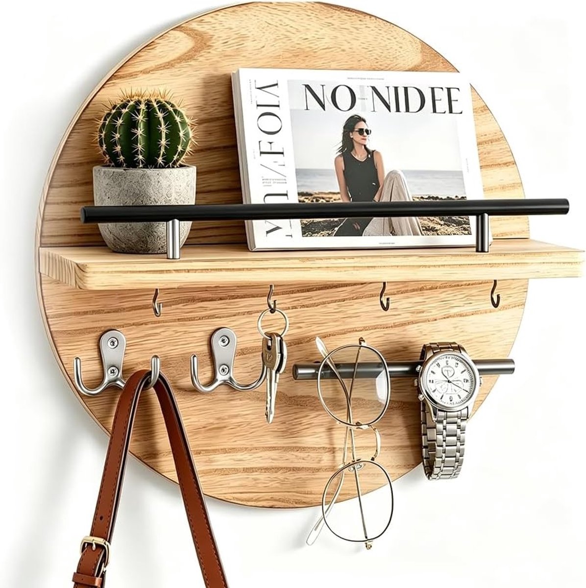 Vintage Houten Sleutelhanger met Plank en 6 Haakjes, Decoratieve Muurbeugel voor Thuis, Ideaal voor Woonkamer, Keuken en Slaapkamer