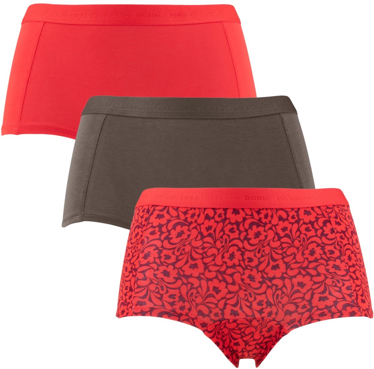 Björn Borg dames premium cotton stretch 3P mini boxershorts basic flowers rood & bruin