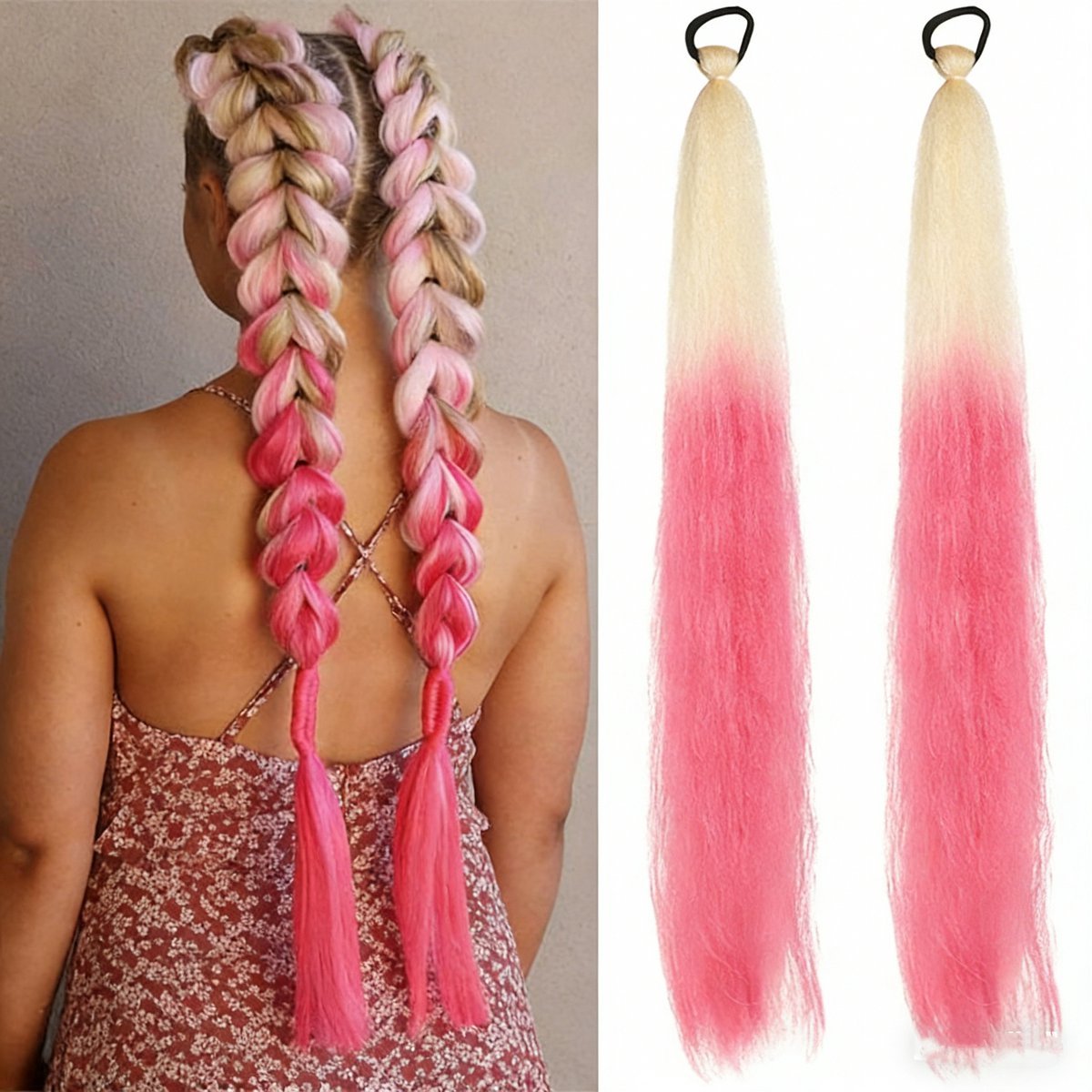 Casalora Roze Verloop Pruik – Gevlochten Haarverlenging – 2 Stuks Dubbele Paardenstaart Pruik – Geschikt voor Cosplay, Carnaval, op Feestjes en als Halloween – Anime Kostuumaccessoire