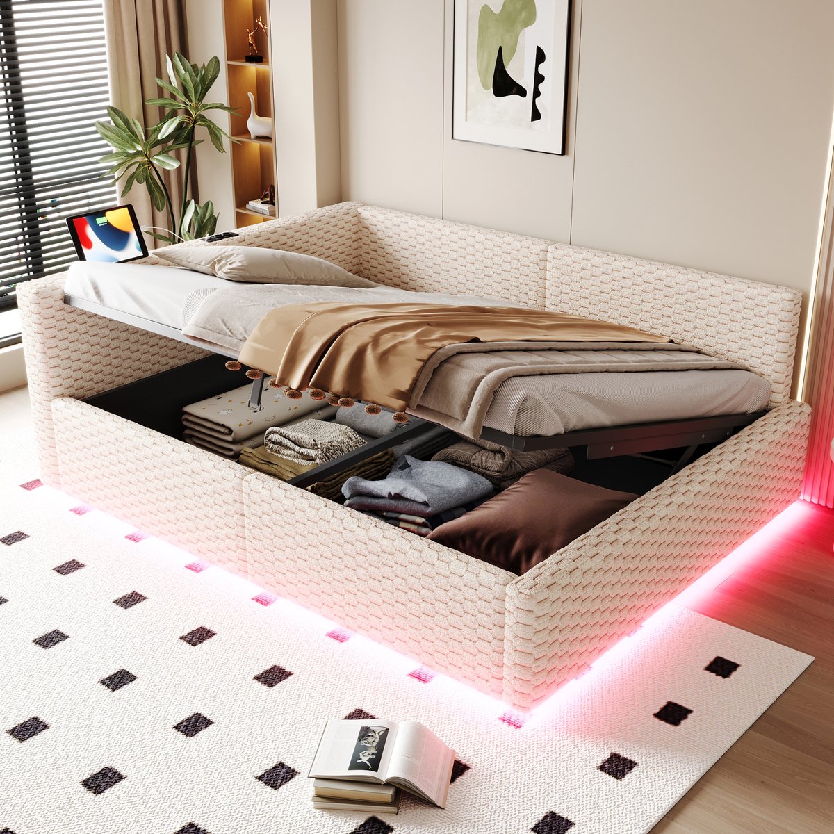 Slaapbank 140x200 cm - Met LED-verlichting - Met USB-aansluiting - Met Fluweel - Beige