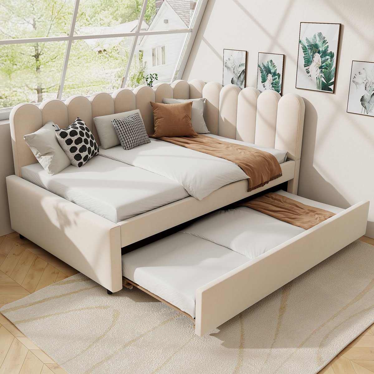 Slaapbank 140x200 cm - Met Fluweel - Uitschuifbaar - Beige