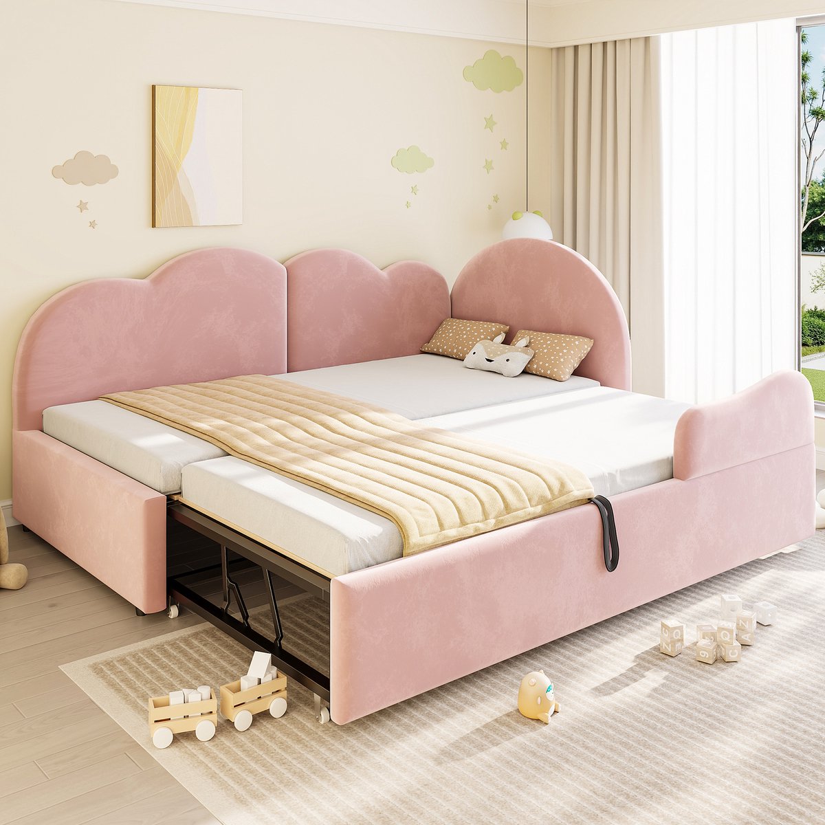 Slaapbank 90x190 cm - Met Hoofdeinde - Met Fluweel - Uitschuifbaar - Roze