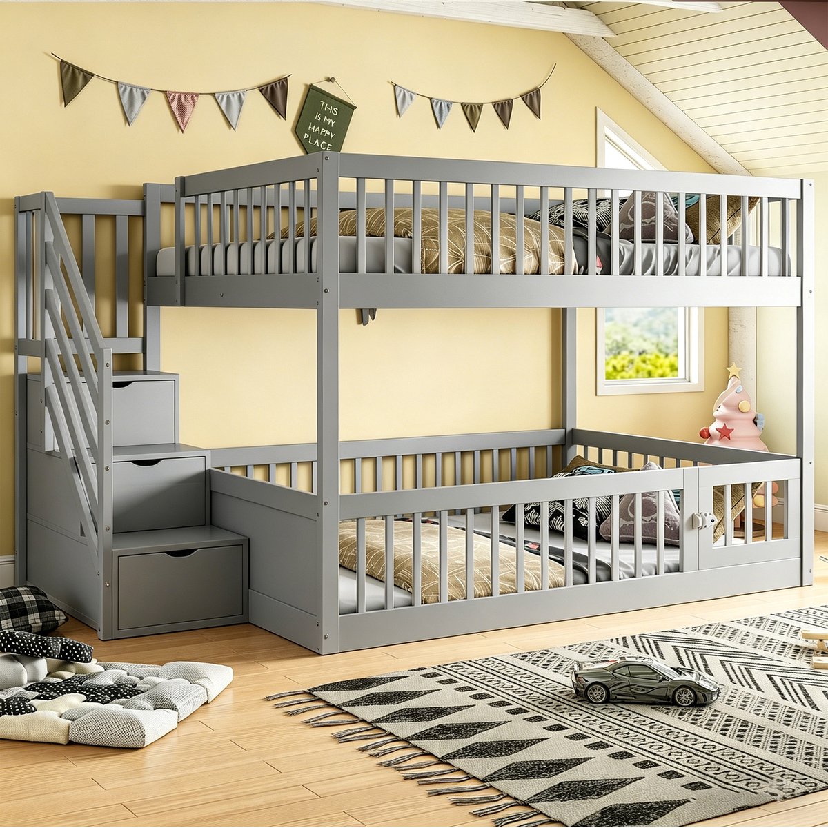 Stapelbed 140x200 cm - Met Opbergruimte - Met Lades - Grijs