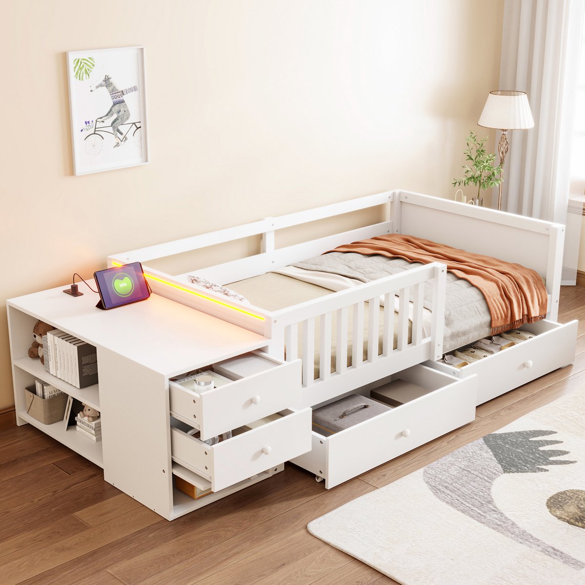 Kinderbed 90x200 cm - Met Valbeveiliging - Met Opbergruimte - Met LED-verlichting - Wit