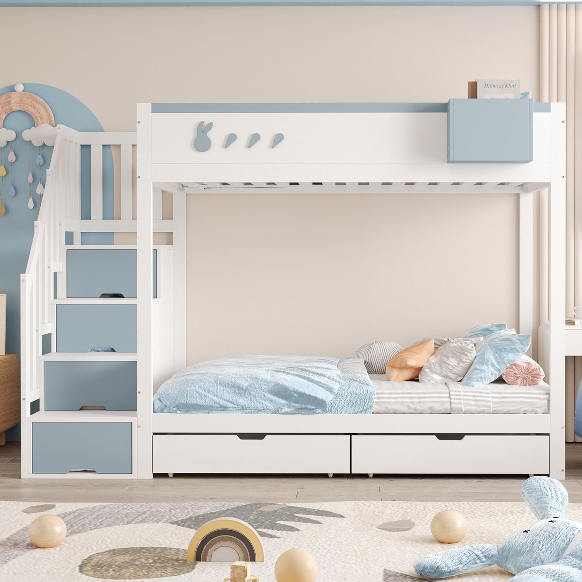 Stapelbed 90x200 cm - Met Ladder - Met Opbergruimte - Met Valbeveiliging - Met Lades - Wit Blauw