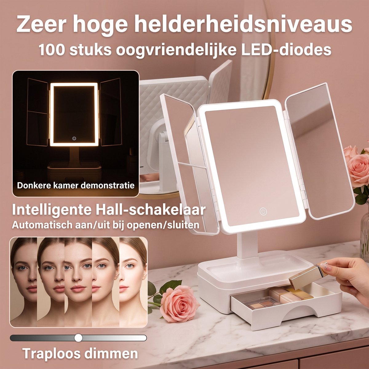 Fokelyi Make Up Spiegel -LED Verlichting - Meerdere Lenzen 2x/3x - 3 Kleuren Licht -Tafelspiegel - Draadloos - Lade - Badkamerspieg-Reisspiegel-Scheerspiegel-Verstelbaar