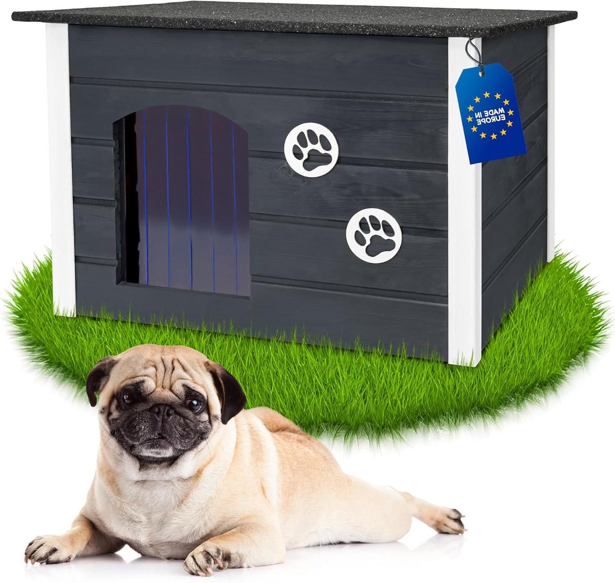 Hondenhok Buiten - Hondenverblijf Weerbestendig - Bescherming Hond - Geïsoleerd & Open Dak - 76 x 60 x 60 cm