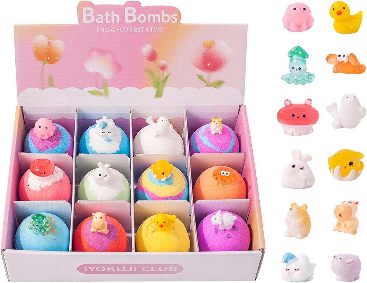 Verwen je kinderen met een set van 12 organische badbombes vol verrassingen, ideaal voor feestelijke badmomenten en ontspanning, geschikt voor jongens en meisjes.